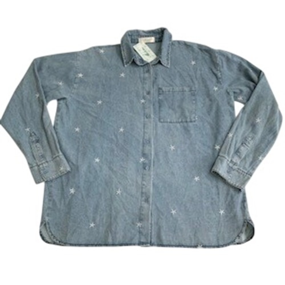 Mahina Women Blue Denim Star Embroidered Oversized Shacket Button Down Shirt M/L